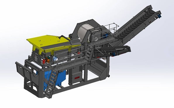 A yellow and gray EcoHog vibrating shaker table with a magnet drum and discharge conveyors.
