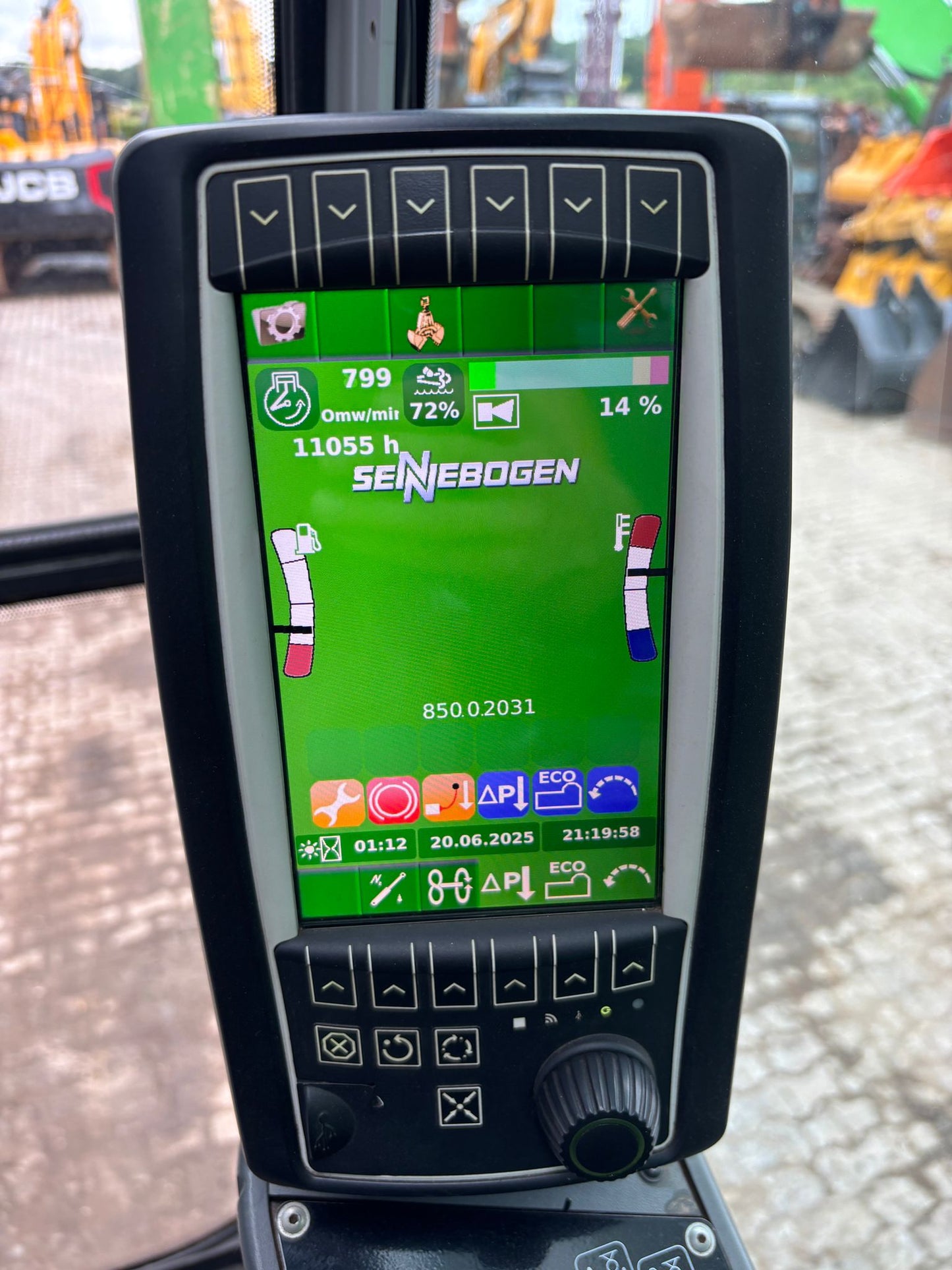 Display screen of a Sennebogen material handling machine with various icons and text