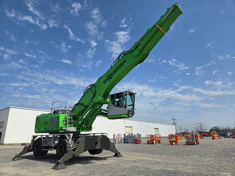 Sennebogen 855M E Hybrid Material Handler with hydraulic maxcab, upper body railing package and 65 foot of reach