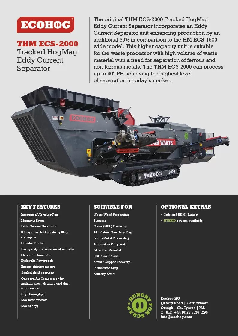 Promotional material for the EcoHog THM ECS-2000, showing the tracked undercarriage machine and its features, with contact information and optional extras.