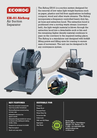 The image shows the Ecohog AirHog EH-81, an air suction system designed for removing light or super-light fractions from materials, along with its features and specifications.