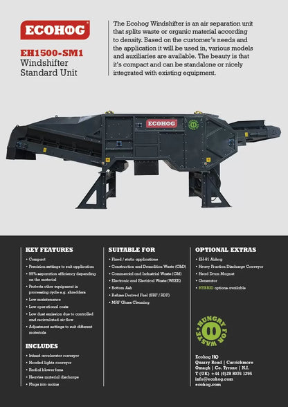 Specification sheet for an Ecohog winshifter. An air separation unit that splits waste, metals, or organic Material according to density.