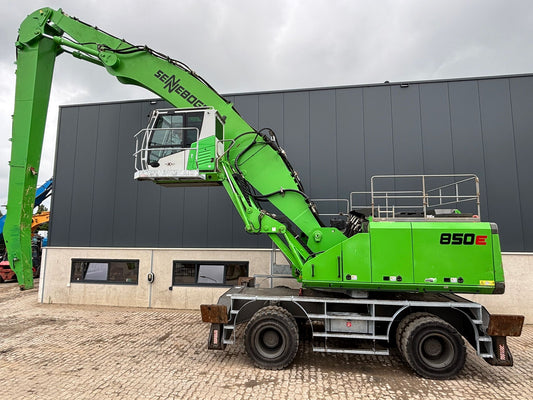 Sennebogen 850M E Material Handler with hydraulic elevating cab, B20 65' 2-piece material handling boom and stick and solid tires 