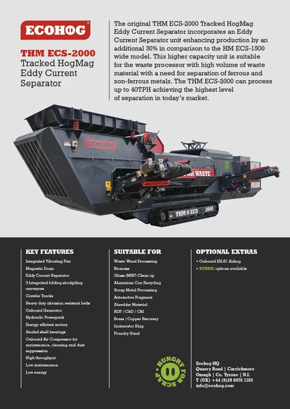 Promotional material for the EcoHog THM ECS-2000, showing the tracked undercarriage machine and its features, with contact information and optional extras.