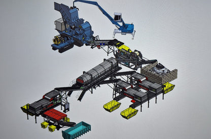 Complete Metal shredding and separating system for ferrous and non ferrous metals recovery including frag, or ISRI 210 shredded steel, zorba or aluminum, and zurich or stainless steel with copper wire. a picking stand is incorporated to help recover other materials like electric motors or meatballs and insulated copper wire. conveyors are present for stacking and carrying material.